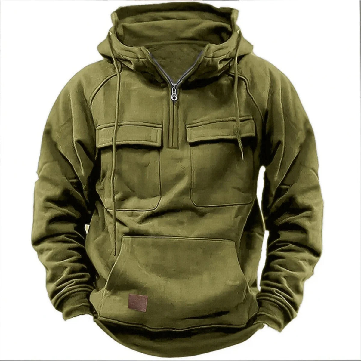 Men's Multi-Pocket Patch Hoodie Pullover — Casual Solid Color Hooded Shirt