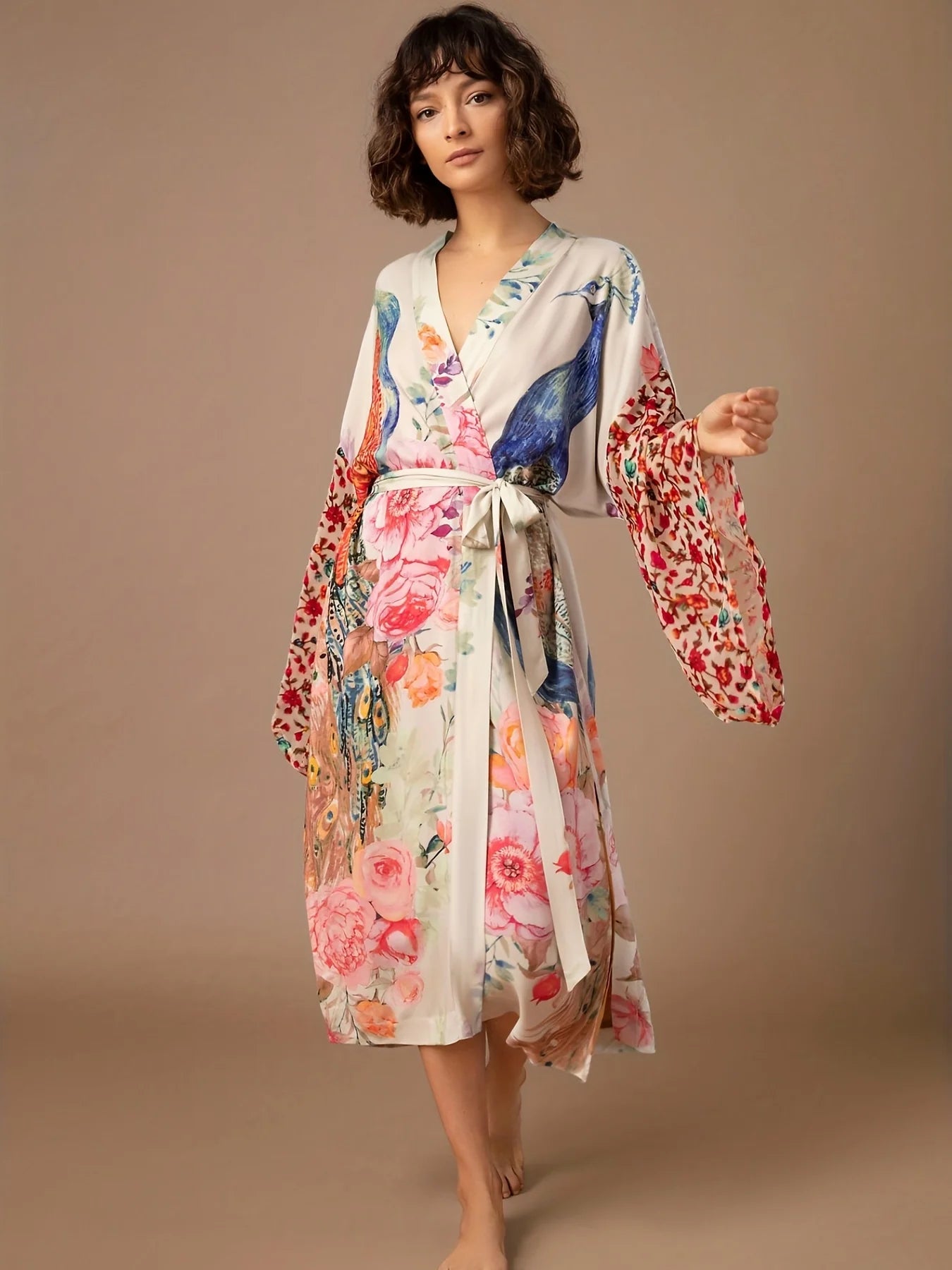 Peacock Print Beach Kimono Cover-Up — Self-Belted Wrap Dress Swimsuit Cover