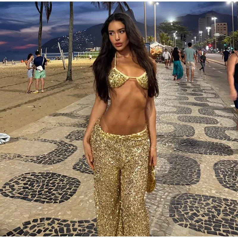 Sexy Sequin Bikini Pants 2-Piece Set | Off-Shoulder Halter, Sleeveless, Holiday Beach Outfit, S-L