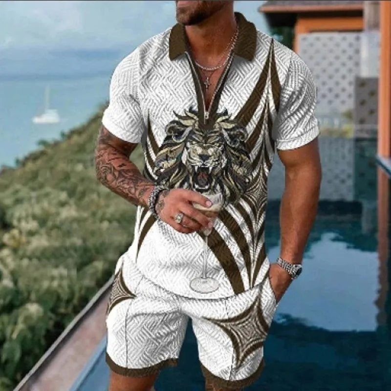 Men's 3D Printed Summer Tracksuit Set – Short Sleeve Polo Shirt & Shorts