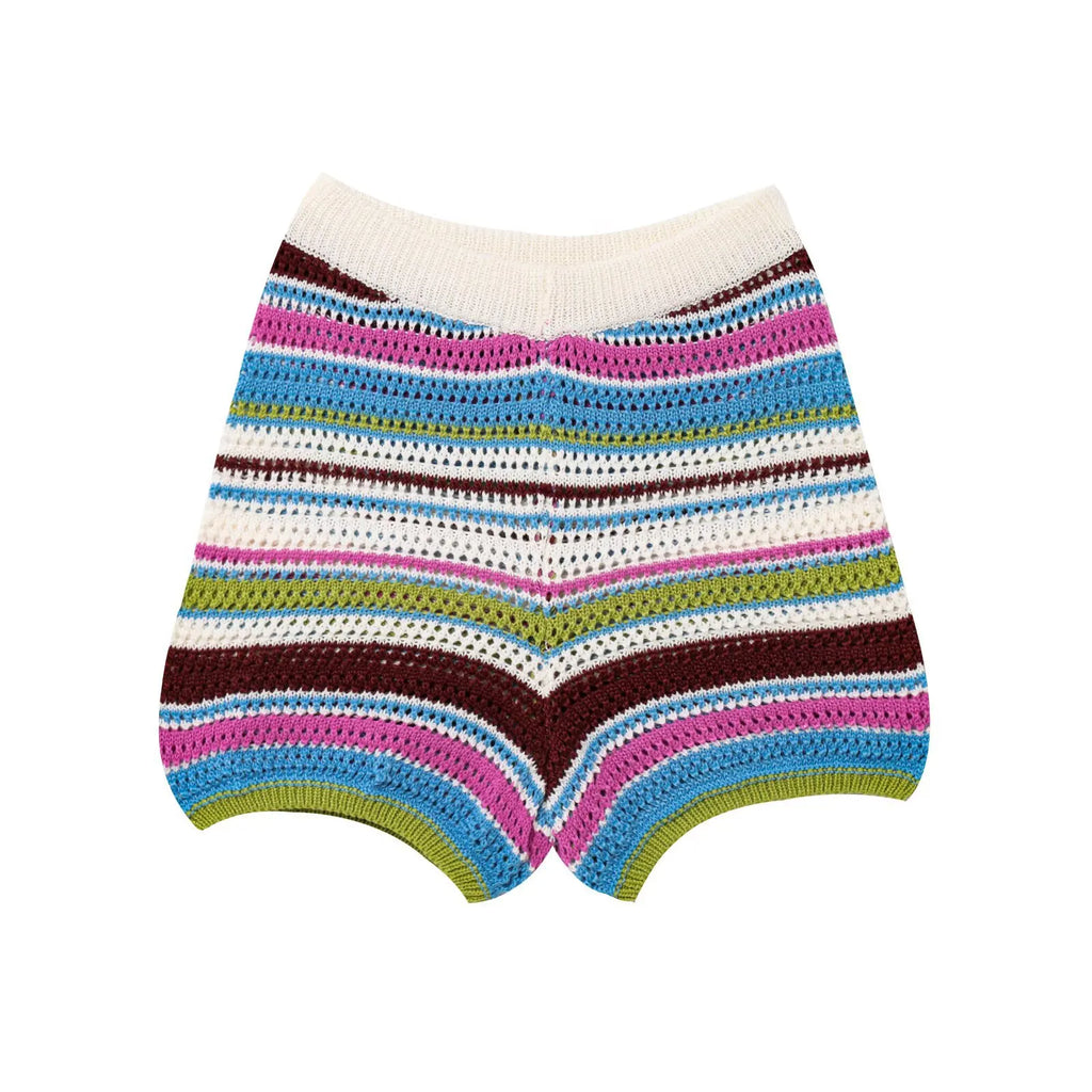 Women's Y2K Crochet Knit Crop Sweater & Shorts Set – Polo Collar Striped Patchwork Hollow Out