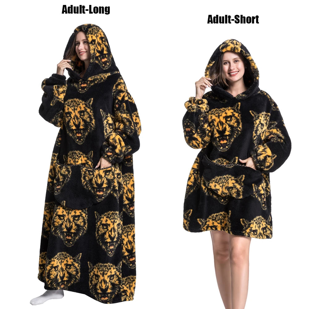 Oversized Wearable Blanket Hoodie – Plush Fleece with Sleeves, Hood & Pocket, 40 Designs