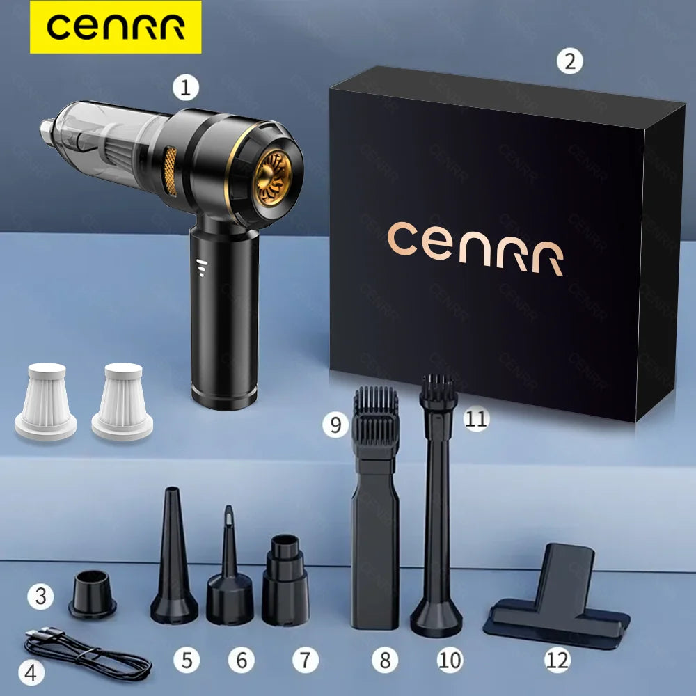 CENRR Wireless Car Vacuum Cleaner — 3-Gear Brushless Motor, 6000mAh, 9 Accessories, USB-C Charging