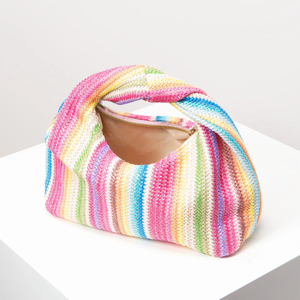 Colorful Ruched Striped Square Beach Bag – Summer Vacation Shoulder Bag for Women