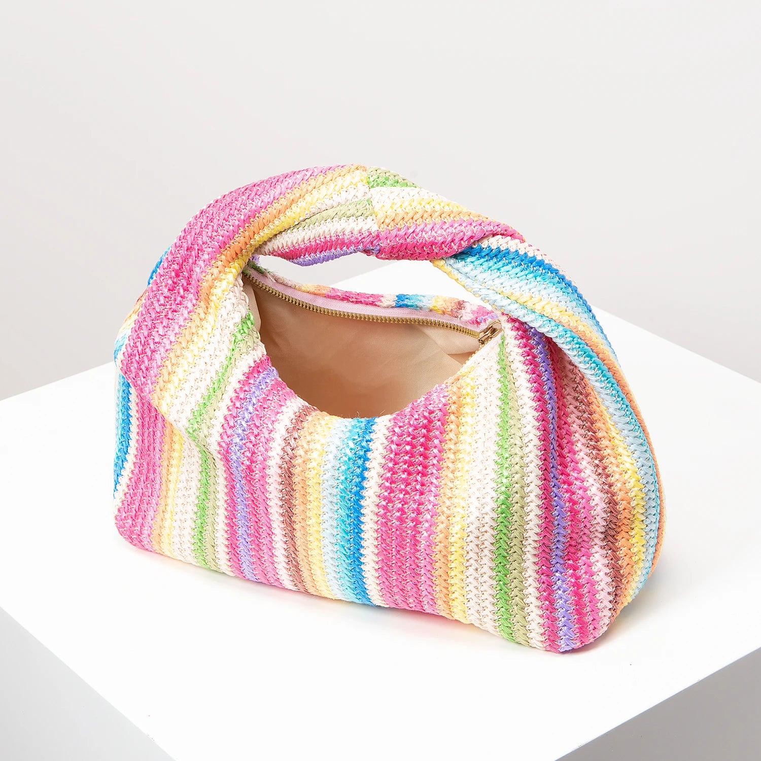 Colorful Ruched Striped Square Beach Bag – Summer Vacation Shoulder Bag for Women