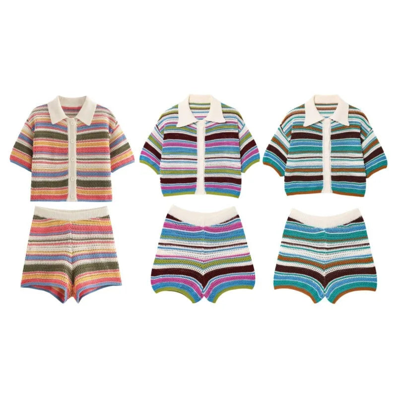 Women's Y2K Crochet Knit Crop Sweater & Shorts Set – Polo Collar Striped Patchwork Hollow Out