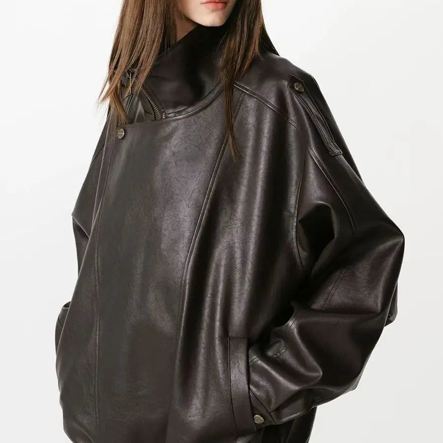 Women's Faux Leather Jacket – Loose Fit Zip Front