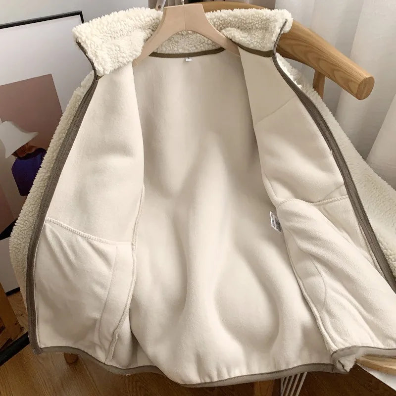 Japanese Fleece Zip Jacket – Unisex Loose Warm Lamb Wool Coat for Couples