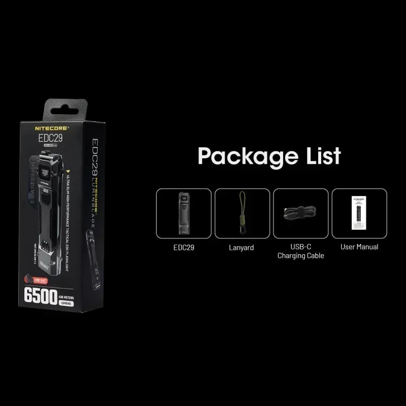 NITECORE EDC29 – 6500 Lumen USB-C Rechargeable EDC Flashlight with OLED Display & 2500mAh Battery