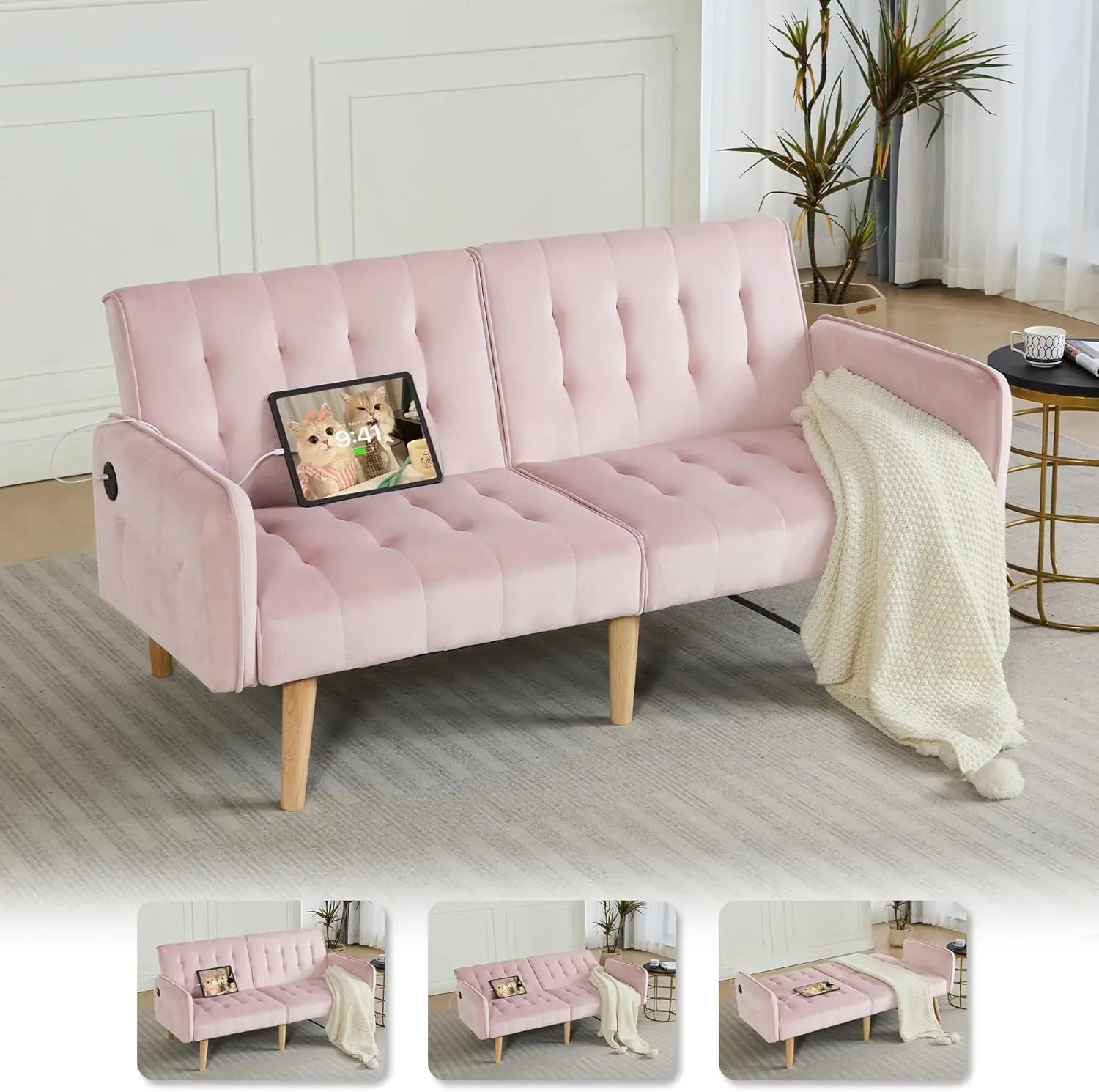 Sofa, Bed & Charging Station in One — TYBOATLE 65" Futon Sofa Bed | 2 USB Ports, Tufted Linen, Adjustable Loveseat for Small Spaces