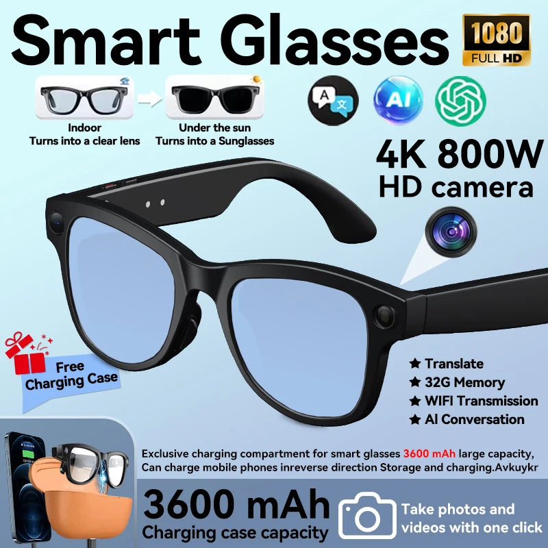 Smart Glasses with 3600mAh Power Bank — Bluetooth Audio & Built-In Battery