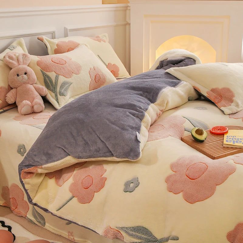 Double-Sided Flannel Coral Fleece Duvet Cover – Thick Warm Winter Bedding, 8 Colors & 6 Sizes