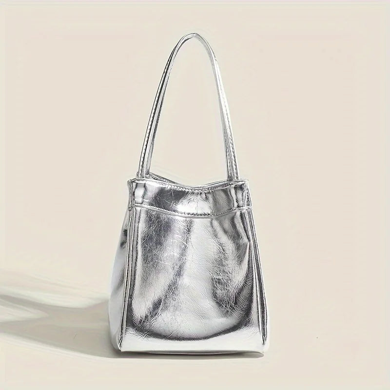 Sparkling Silver Glittery Mini Drawstring Bucket Bag – PU Crossbody Handbag with Wallet for Women
