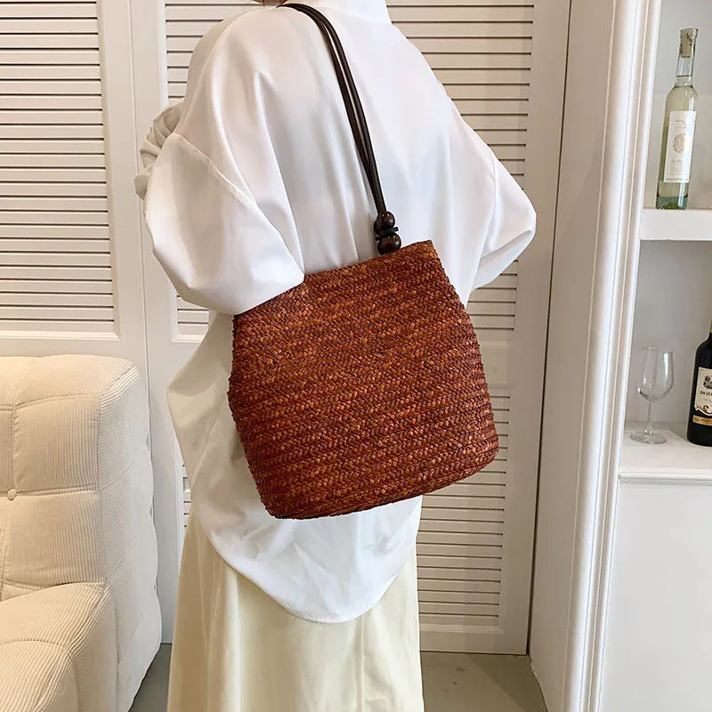 Handmade Straw Rattan Woven Tote Bag – Bohemian Beaded Summer Beach Shoulder Bag for Women