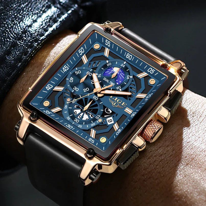 LIGE Men's Hollow Square Sport Watch | Fashion Silicone Strap Waterproof Quartz Wristwatch with Box