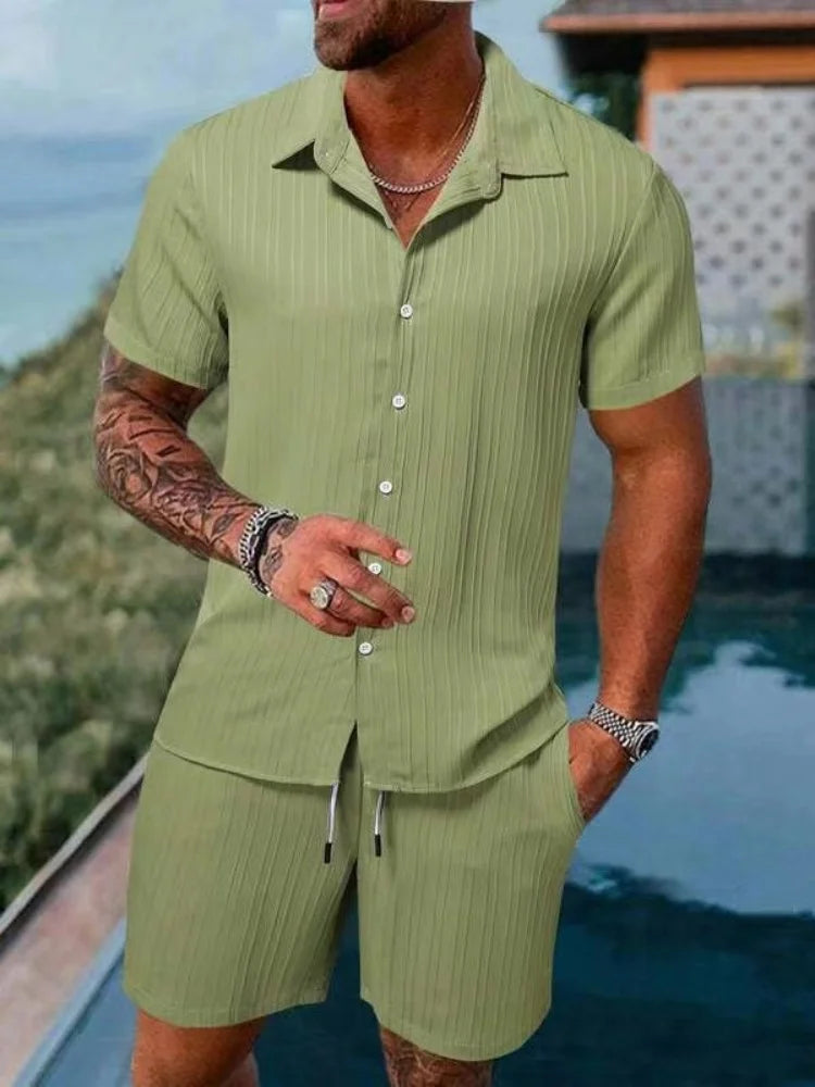 Men's Striped Collared Button-Down Shirt & Drawstring Shorts Set – Solid 2-Piece Beach