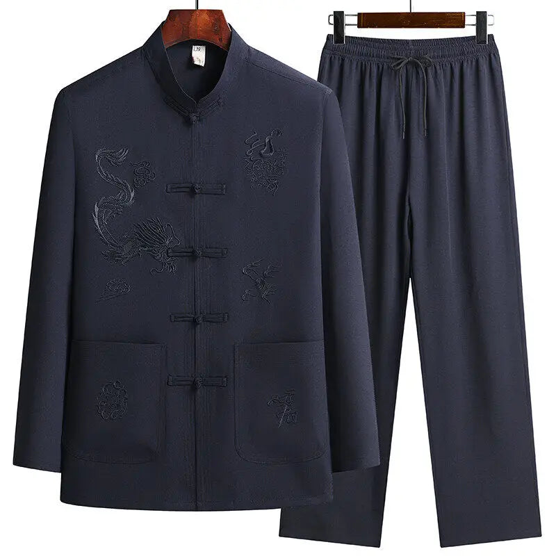 Men's Chinese Style Long Sleeve Shirt & Elastic Waist Pants Casual Set
