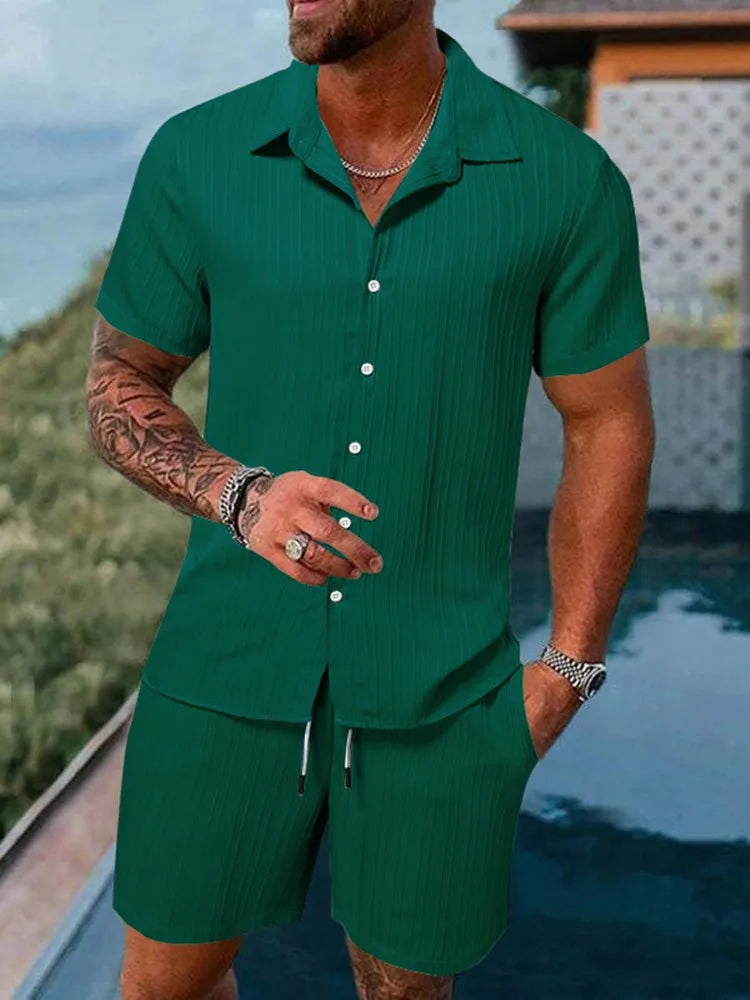 Men's Striped Polo Cardigan & Drawstring Shorts Sports Suit – Solid Color 2-Piece