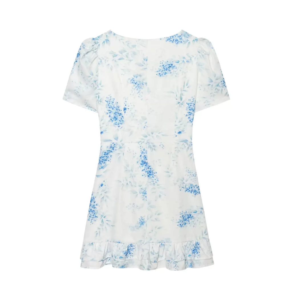 Women's Floral Ruffle Slim Dress – Deep V-Neck Double Layered Ruffled Hem Party & Daily Gown