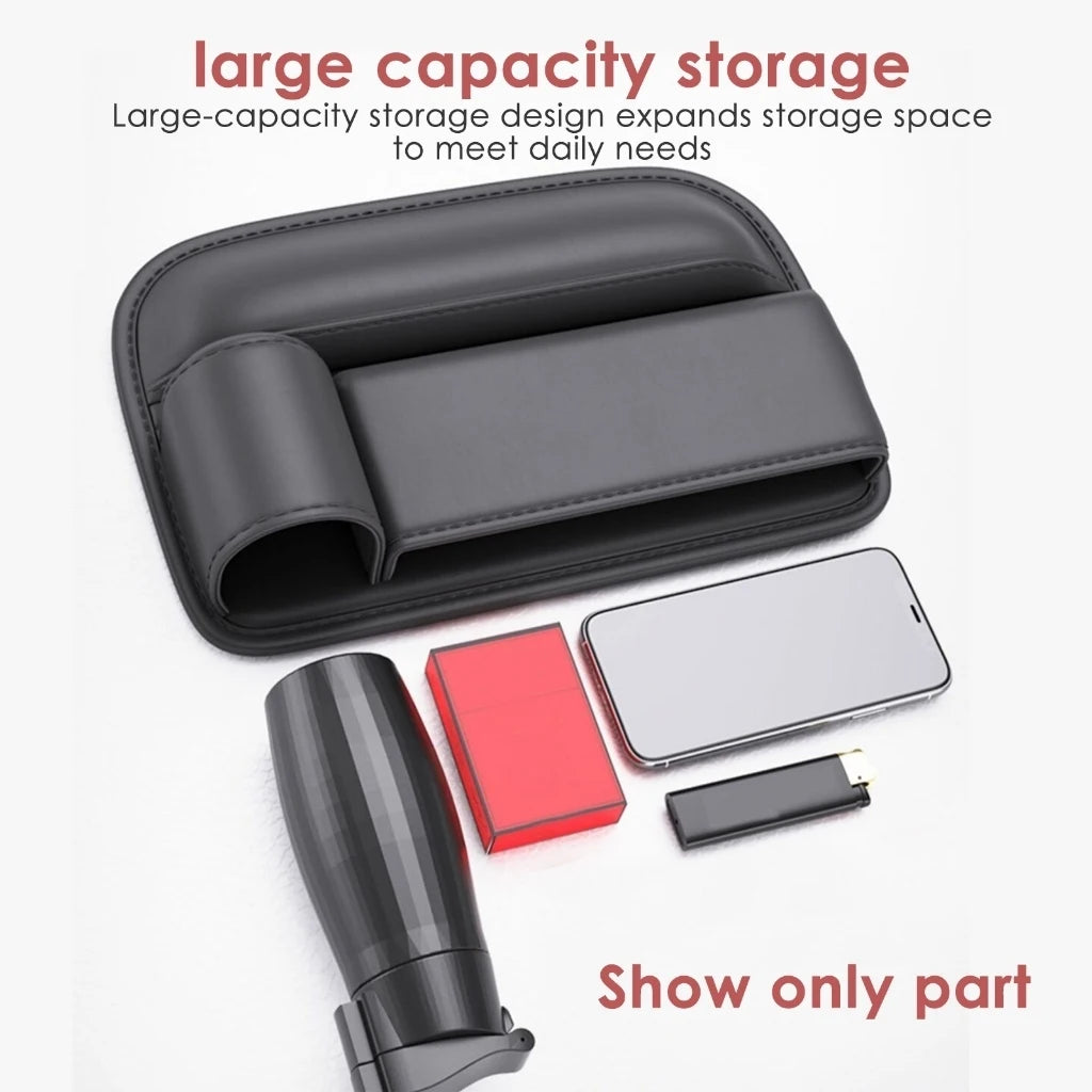 Black large-capacity storage case with various small items on a white background