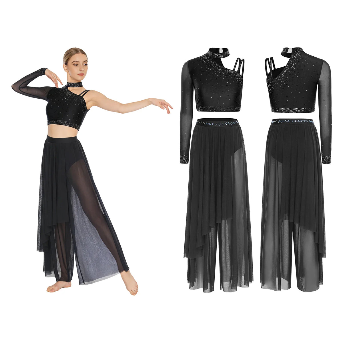Women's Dance Performance Costume – Shiny Crop Top & Sheer Pants for Skating, Gymnastics & Ballet