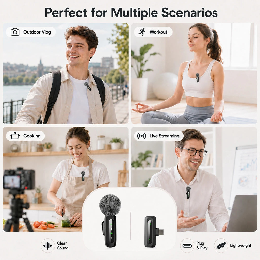 Wireless Lavalier Microphone with Noise Cancelling — Type-C Lapel Mic for iPhone 15+, Android, Vlog & Live Streaming