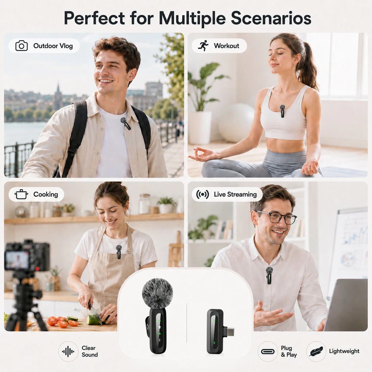 Wireless Lavalier Microphone with Noise Cancelling — Type-C Lapel Mic for iPhone 15+, Android, Vlog & Live Streaming