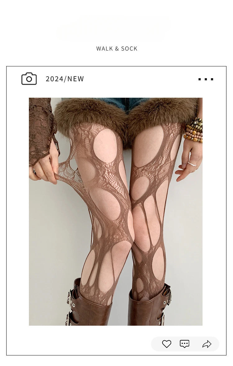 Gothic Fishnet Pantyhose – Ripped Lace Silk Stockings Y2K Punk Hollowed-Out Retro Tights