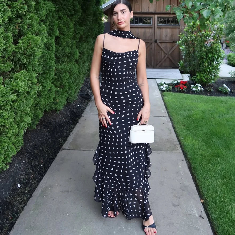 Elegant Polka Dot Halter Pleated Maxi Dress – Ruffle Sleeveless Evening & Party Dress