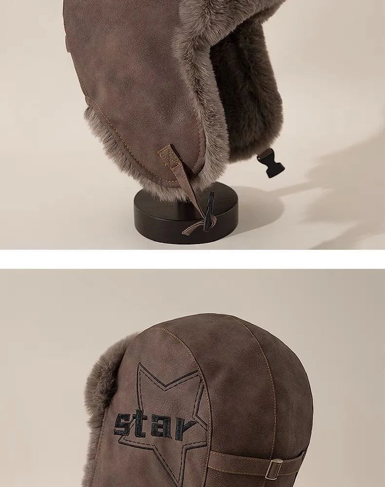 Faux Leather Trapper Hat with Plush Lining and Ear Flaps