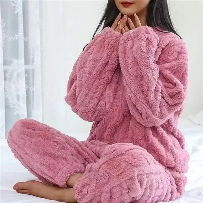 Women's Winter Plush Fleece Pajama Set – Thick Warm Jacquard Loungewear, 6 Colors