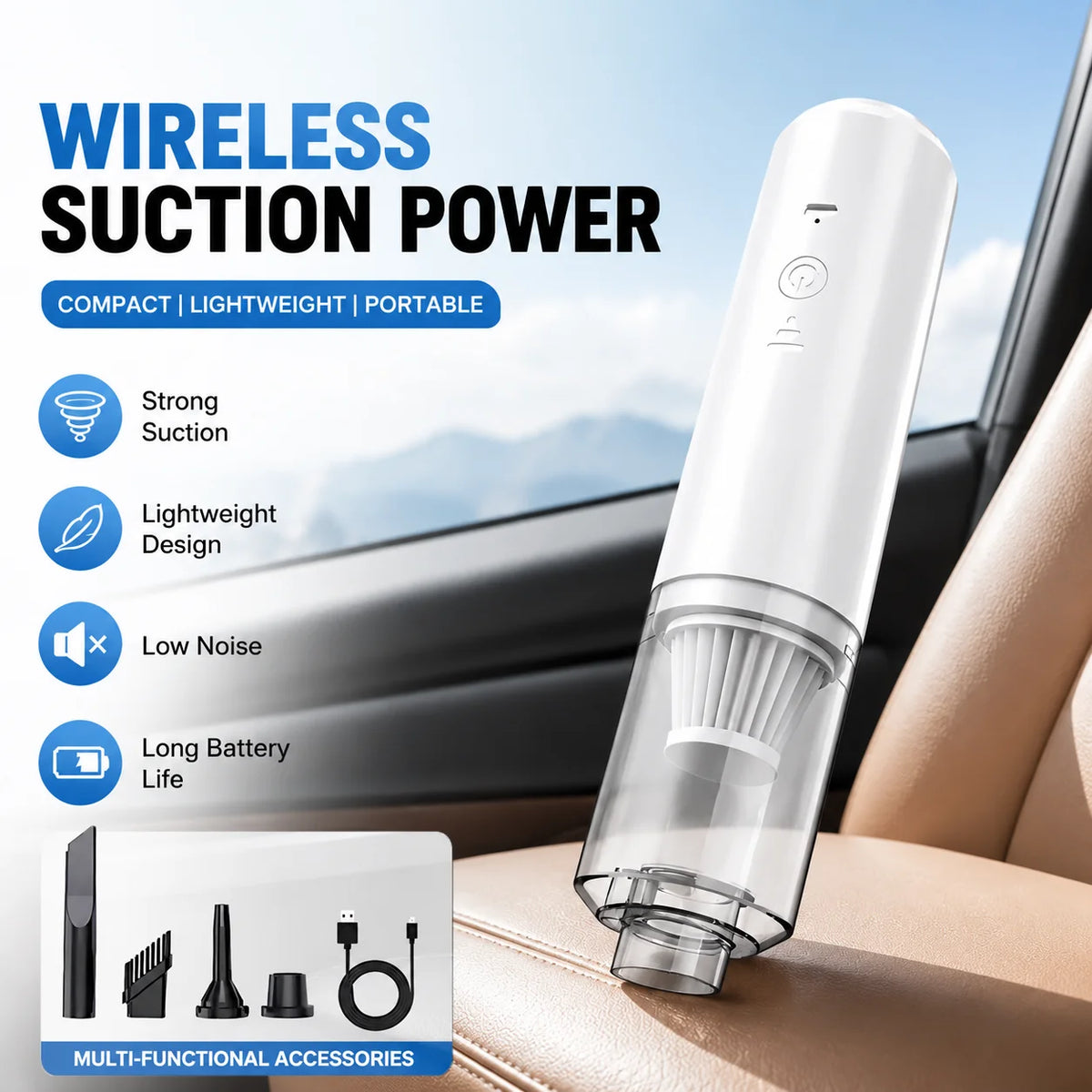 Cordless Mini Car Vacuum Cleaner – White Handheld