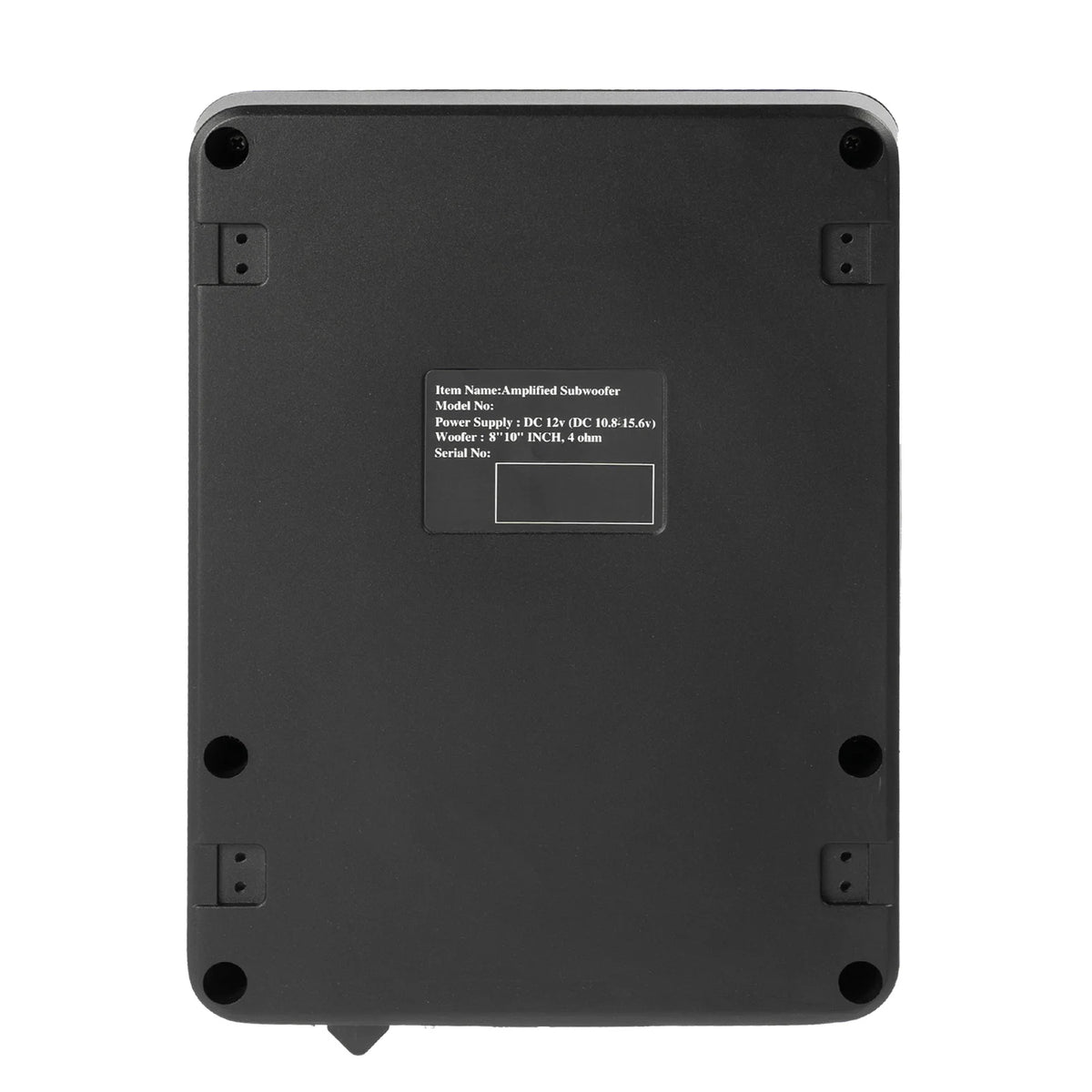 Back view of a black electronic device with text on a white background