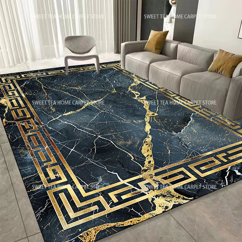 Modern Golden Frame Luxury Carpet – Washable Large Area Rug for Living Room & Bedroom