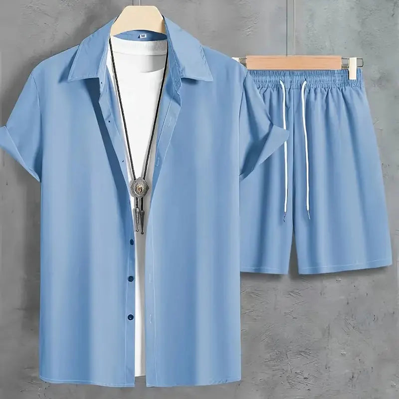 Men's Solid Color Button-Down Shirt & Drawstring Shorts Set – Hawaiian Beach 2-Piece
