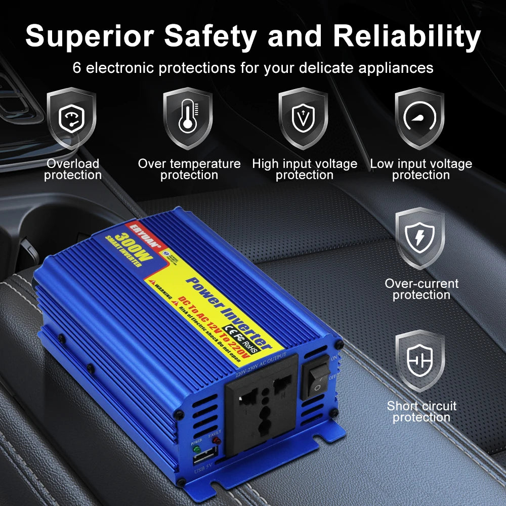 Blue inverter power supply with a yellow label, shown resting on a car seat with promotional text and protection icons around it.