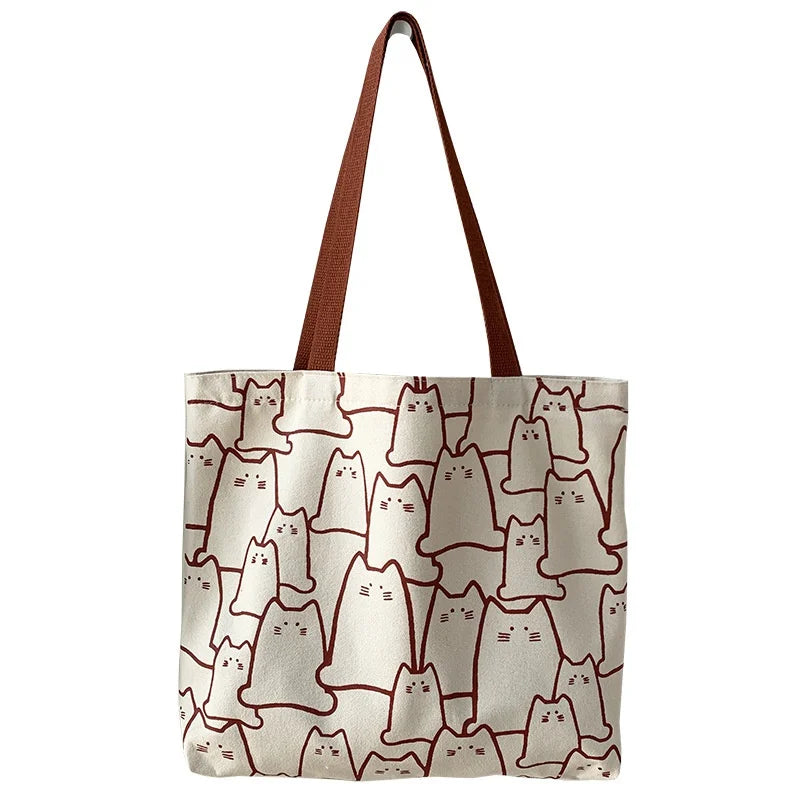 Cute Cat Canvas Tote Bag – Japanese Style Cartoon Shoulder Bag with Zipper for Women