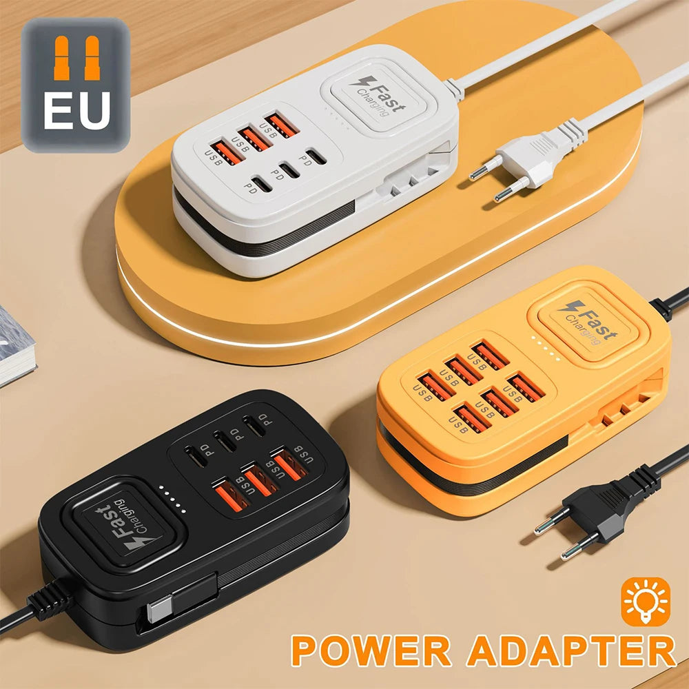 6-Port USB Fast Charging Station – 3 USB-C + 3 USB-A, Desktop Power Strip Hub, EU/UK/US Plug