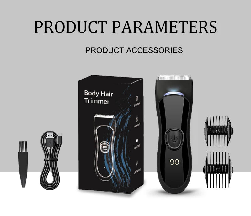 Men's IPX7 Waterproof Body & Beard Trimmer – LED Display, 4 Length Guards, USB Rechargeable