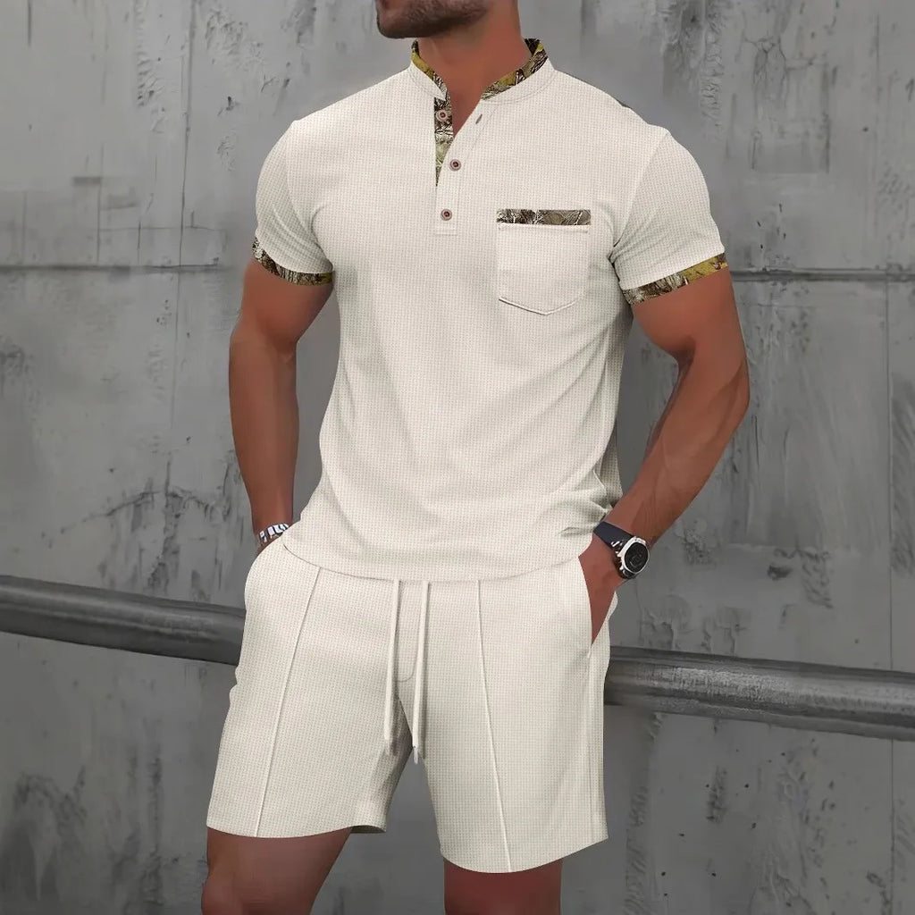 Men's Waffle Solid Color Zip Lapel Short Sleeve & Shorts Set – European Summer 2-Piece Suit