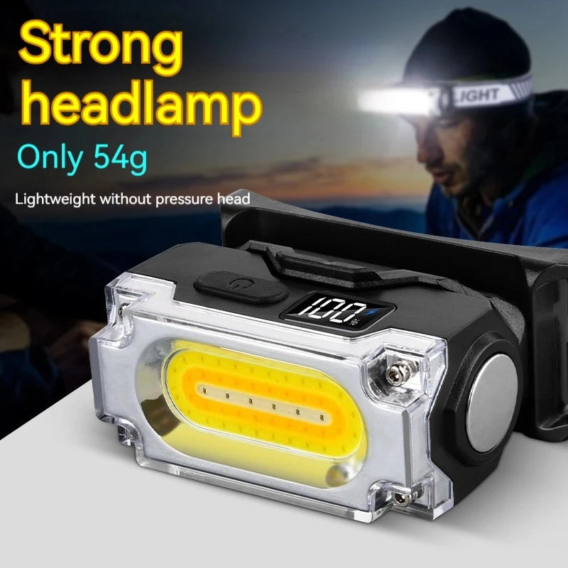Super Bright Magnetic Headlamp – 3 Light Sources, Hat Clip, Digital Display for Hiking, Camping & Work