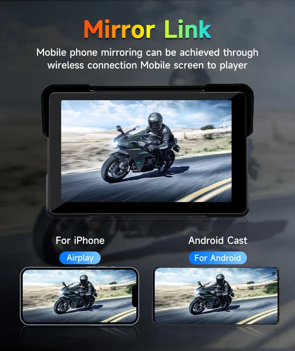 5"/7" Motorcycle CarPlay Screen – Wireless CarPlay & Android Auto, GPS Navigation, Dual Bluetooth, IPX7