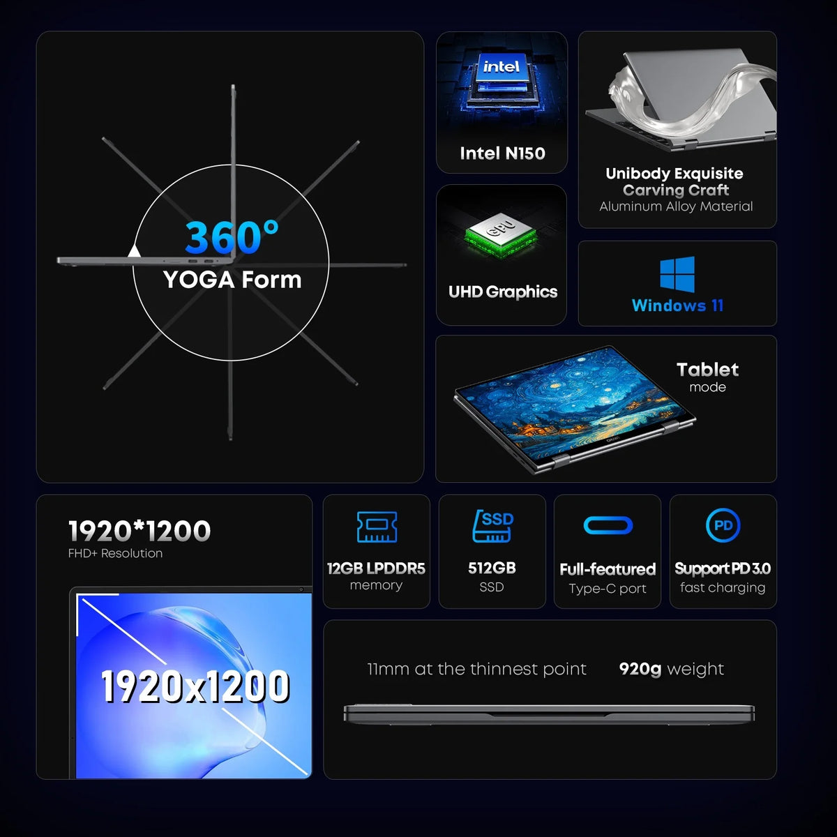 CHUWI MiniBook X 10.51" 2-in-1 Touchscreen Laptop – Intel N150, 16GB LPDDR5, 512GB SSD, 360° Yoga, Windows 11