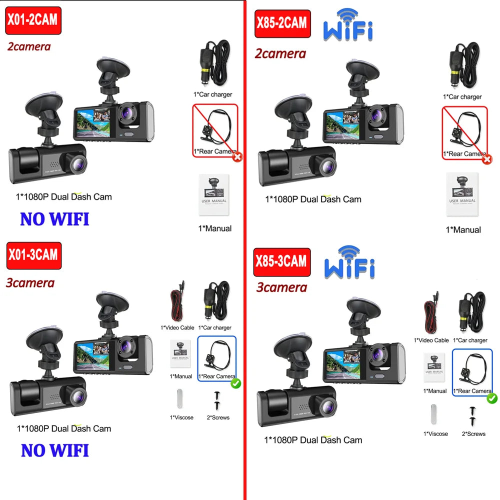 1080P 2/3-Lens WiFi Dash Cam – Front, Rear & Interior, Night Vision, G-Sensor, Loop Recording