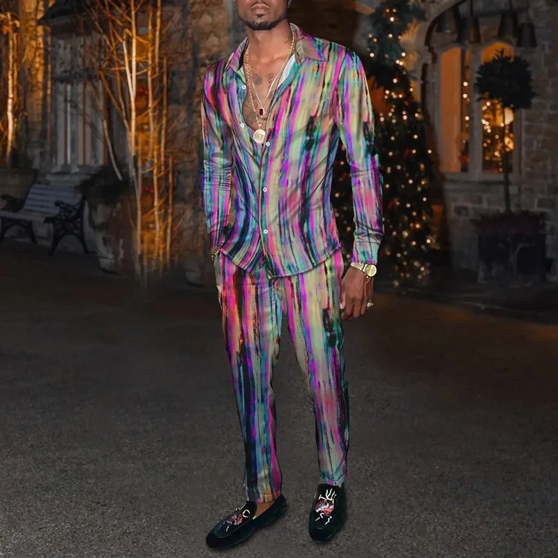 Men's 3D Retro Harajuku Print Long Sleeve Lapel Shirt & Long Pants 2-Piece Set