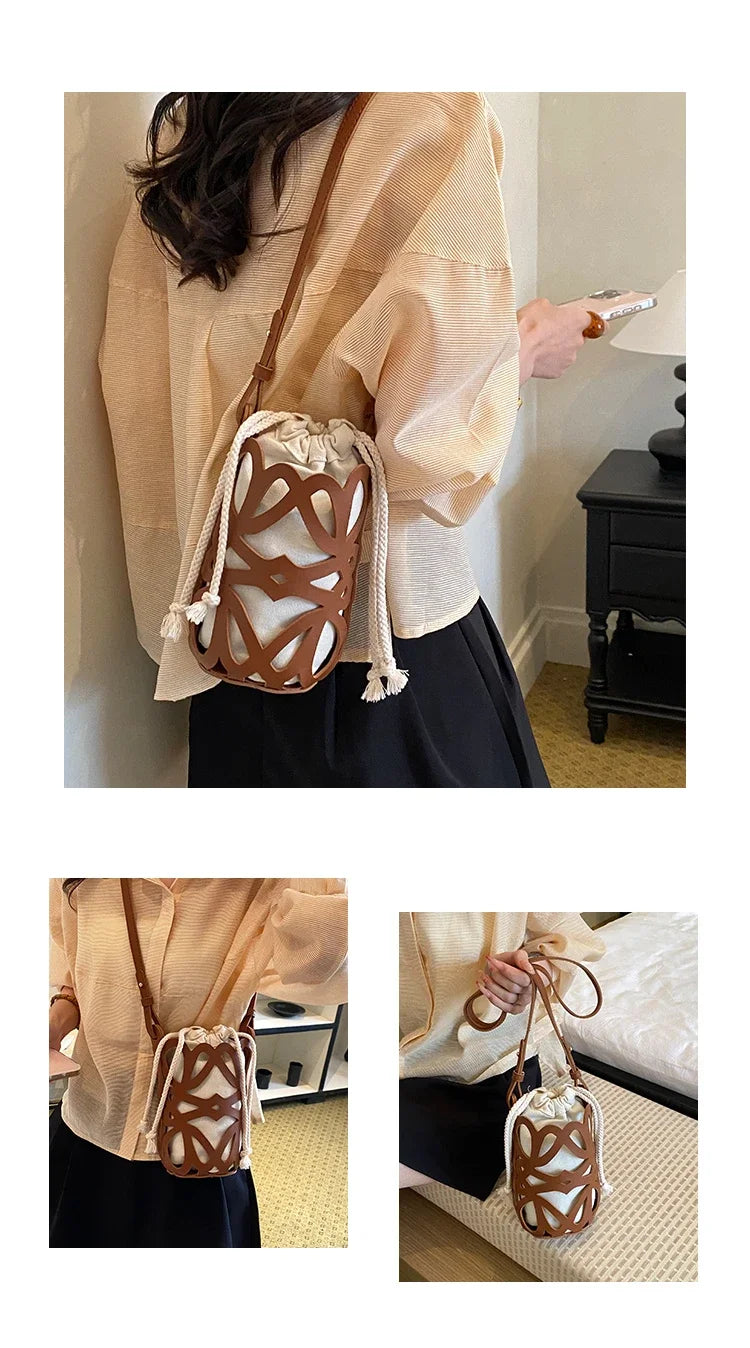 Brilliant Fish Hollow Out Drawstring Mini Bucket Crossbody Bag – Adjustable Strap Shoulder Bag for Women