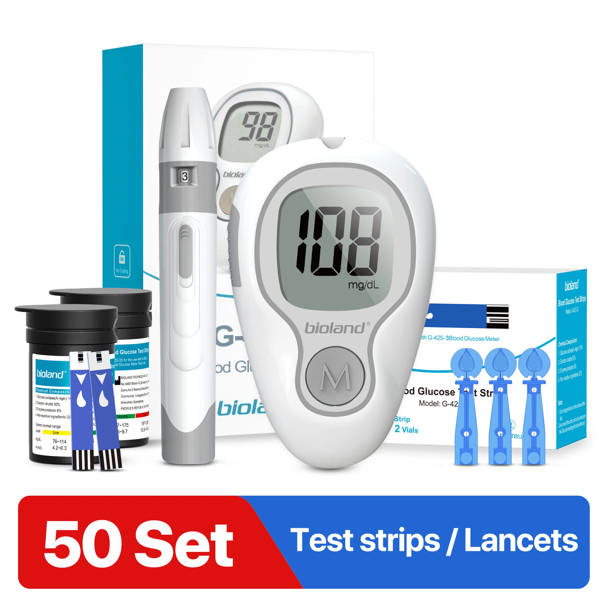 Linksun Blood Glucose Meter G-425-3 Kit – No-Code Glucometer with Test Strips & Lancets