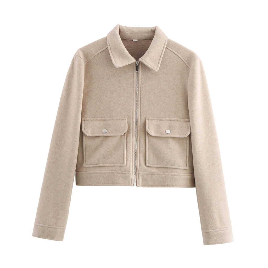 Women's Short Zip-Up Jacket Coat – Elegant Street Outerwear with Pockets