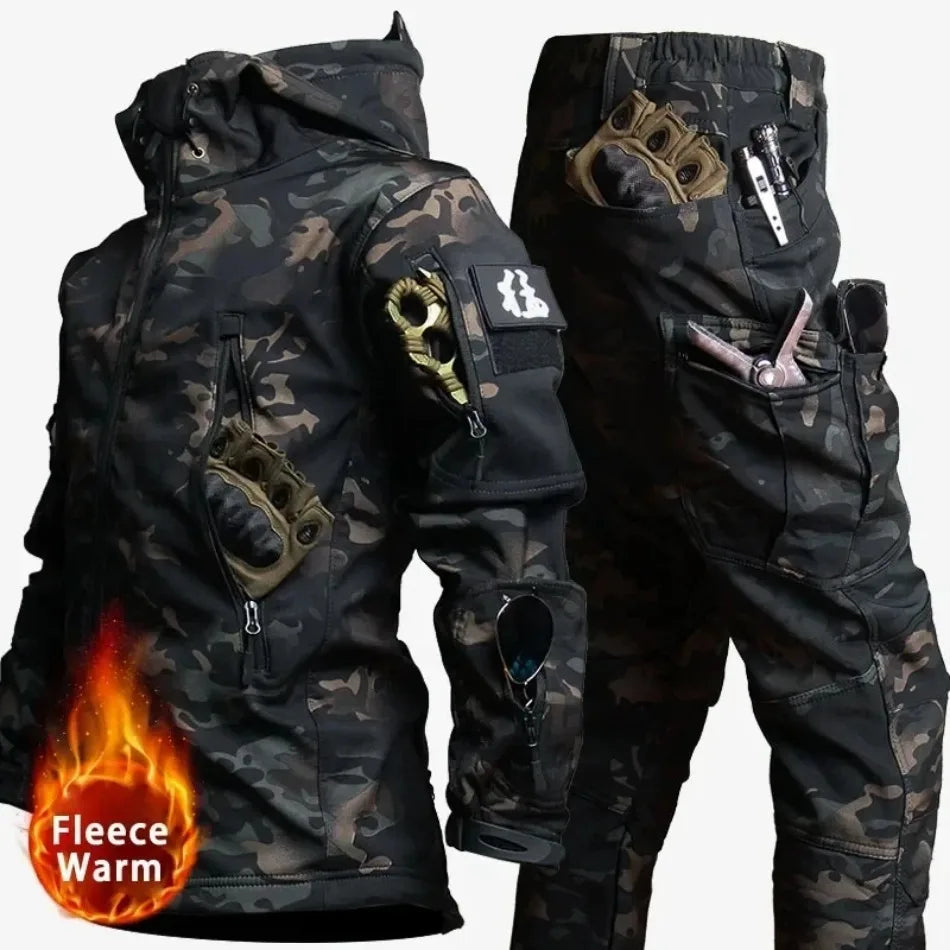 Men's Camo Waterproof Tactical Jacket & Fleece Pants Set – Winter Hunting Outdoor 2-Piece