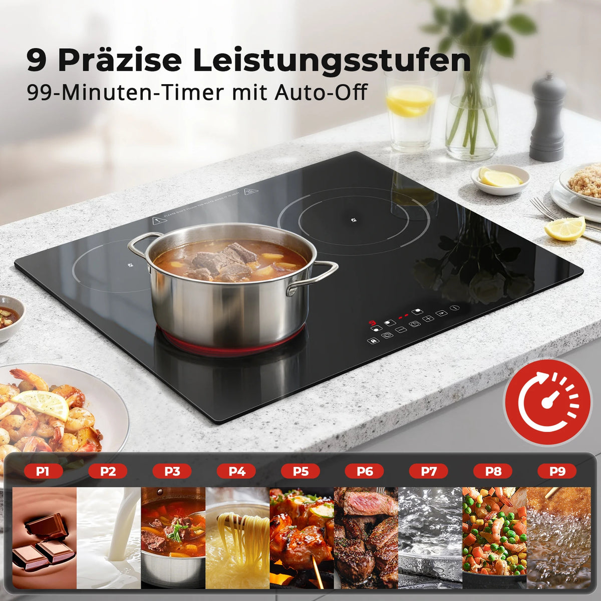 6000W 4-Zone Ceramic Induction Hob – 60cm Black Glass, Touch Control, 9 Power Levels, Timer & Child Lock